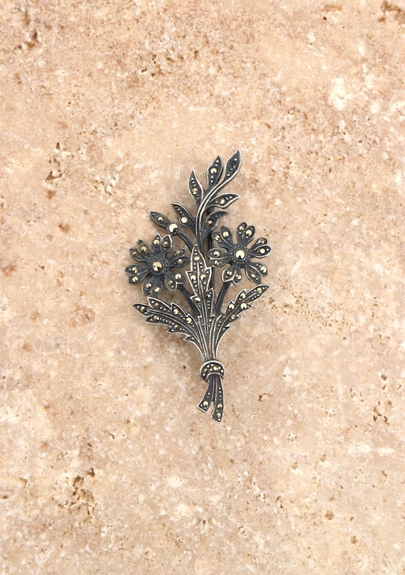 Silver Marcasite Flowers Pin BG, Sterling Silver … - image 1