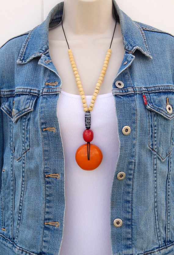 Long Necklace Red Orange Black White, Himalayan Ho