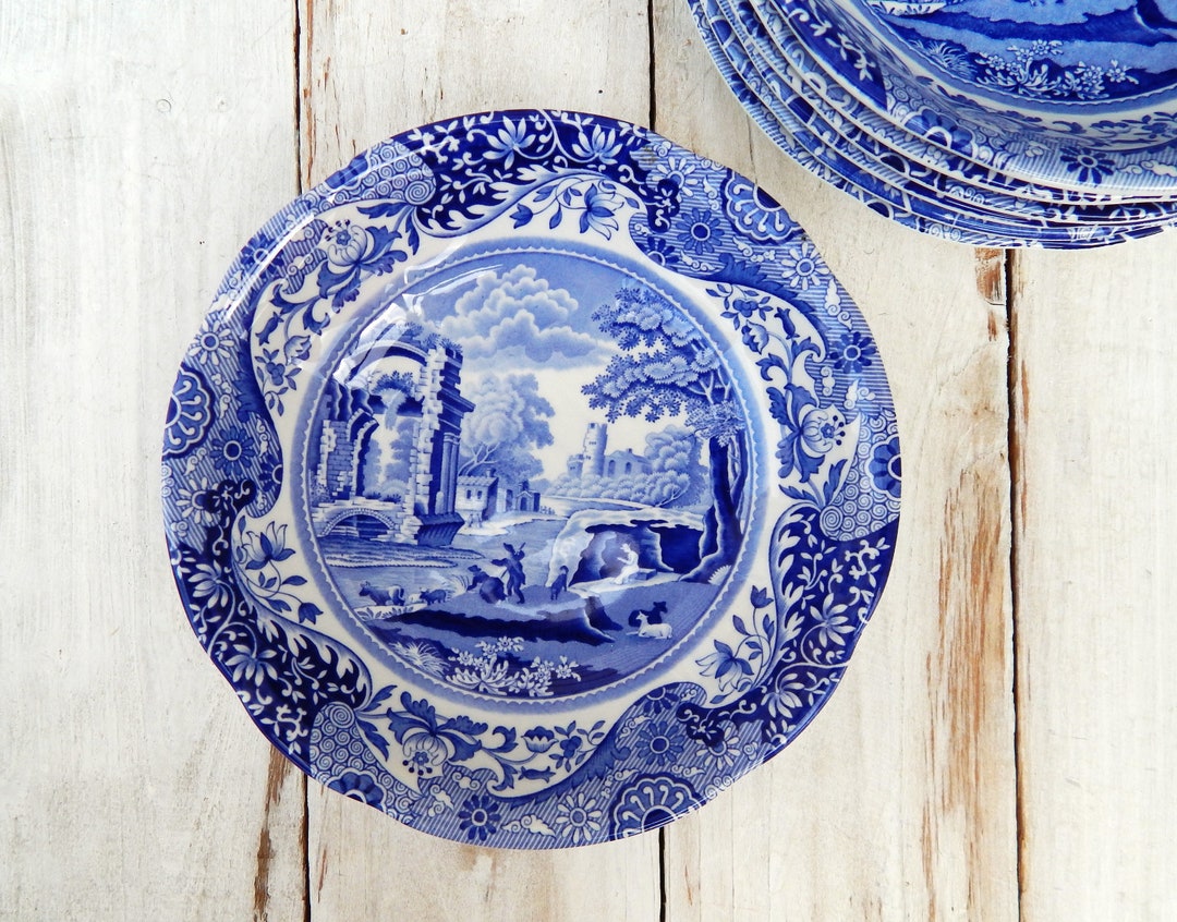 SPODE England Blue Italian Soup Bowl, White and Blue Transferware