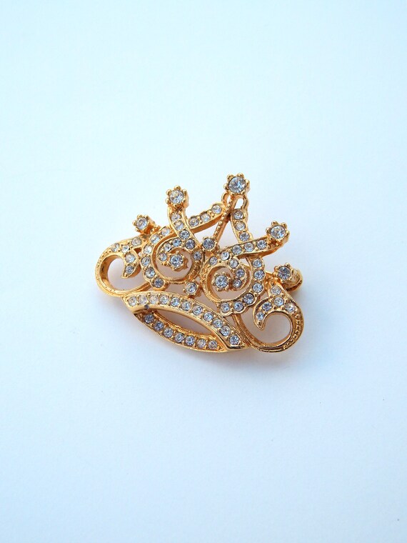 Rhinestone Crown Pin, Gold Tone Royal Crown Brooc… - image 2