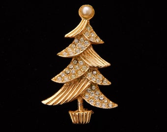 Vintage Rhinestone Christmas Tree Pin Brooch, Gold Tone Rhinestone Faux Pearl Pin Christmas Tree, Christmas Jewelry, Christmas Gift