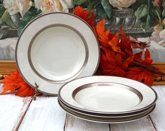 MIKASA Platinum Lace Soup Bowls Set of 4 JAPAN, Discontinued Pattern Elegant White Lace Platinum Trim, Wedding, Thanksgiving