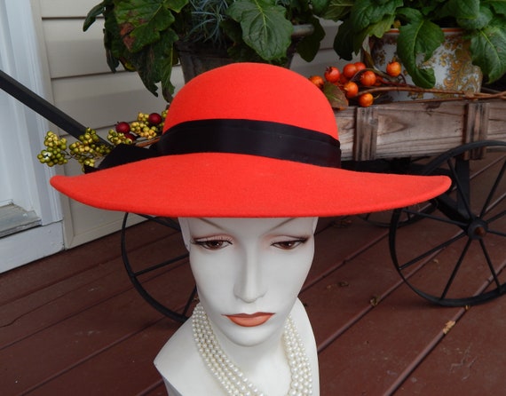 Red Hat Black Bow, Red Wool Hat, Wide Brim Hat Wo… - image 3