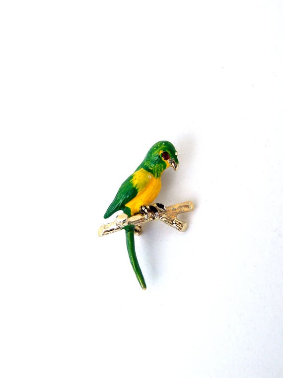 Enamel Parrot Pin, Mid Century Tropical Bird Pin, 