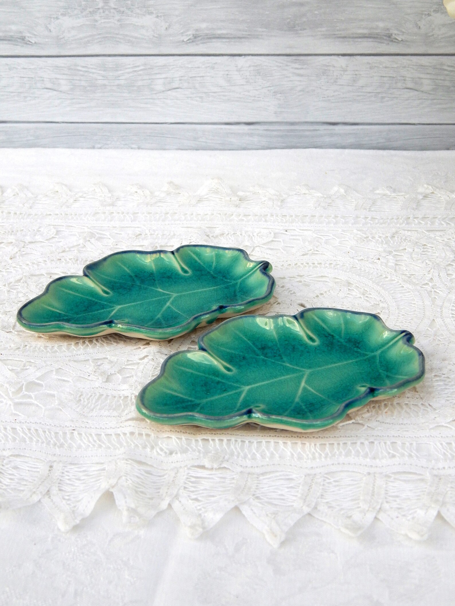 Teal Leaf Dishes Japan Teal Blue Porcelain Leaves Set of 2 Etsy