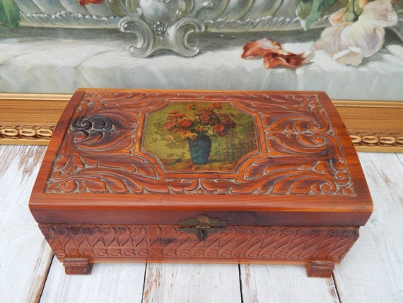 Jewelry Box Valet Hand Carved Cedar Vintage Vanity Decor