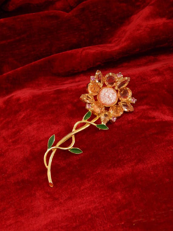 BIG Flower Pin Pink Rhinestones Lucite Enamel - image 1