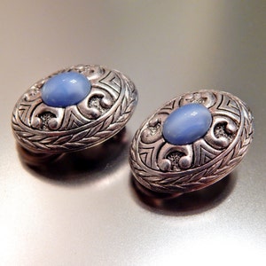 Silver Blue Earrings PREMIER DESIGNS Clip-Ons, Blue Cat's Eye Glass Cabochons Silver Tone Earrings image 2