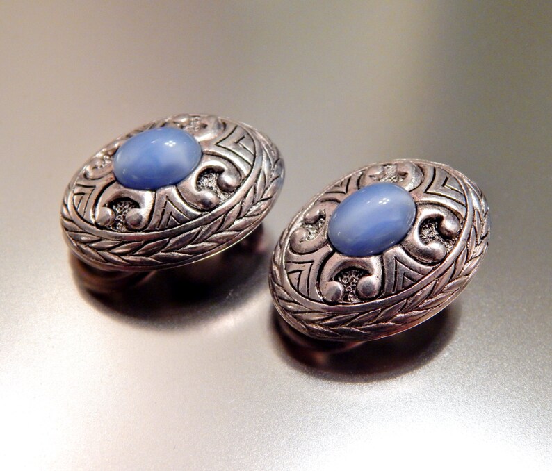 Silver Blue Earrings PREMIER DESIGNS Clip-Ons, Blue Cat's Eye Glass Cabochons Silver Tone Earrings image 2