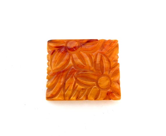 Carved BAKELITE Pin, Marbled Butterscotch Bakelit… - image 1