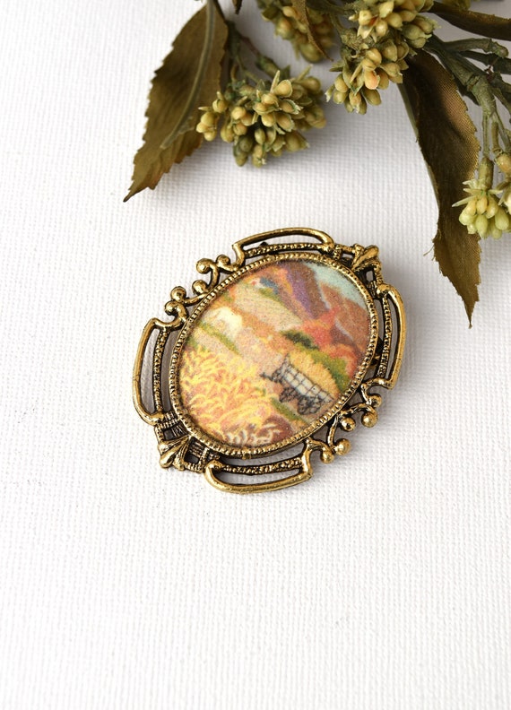 Country Fall Pin Hand Painted Oval Brooch Artist S