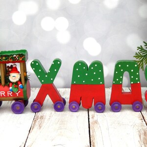 Christmas Wooden Train, Vintage Hand-Painted Wood Alphabetic Train Set, Vintage Christmas Decor