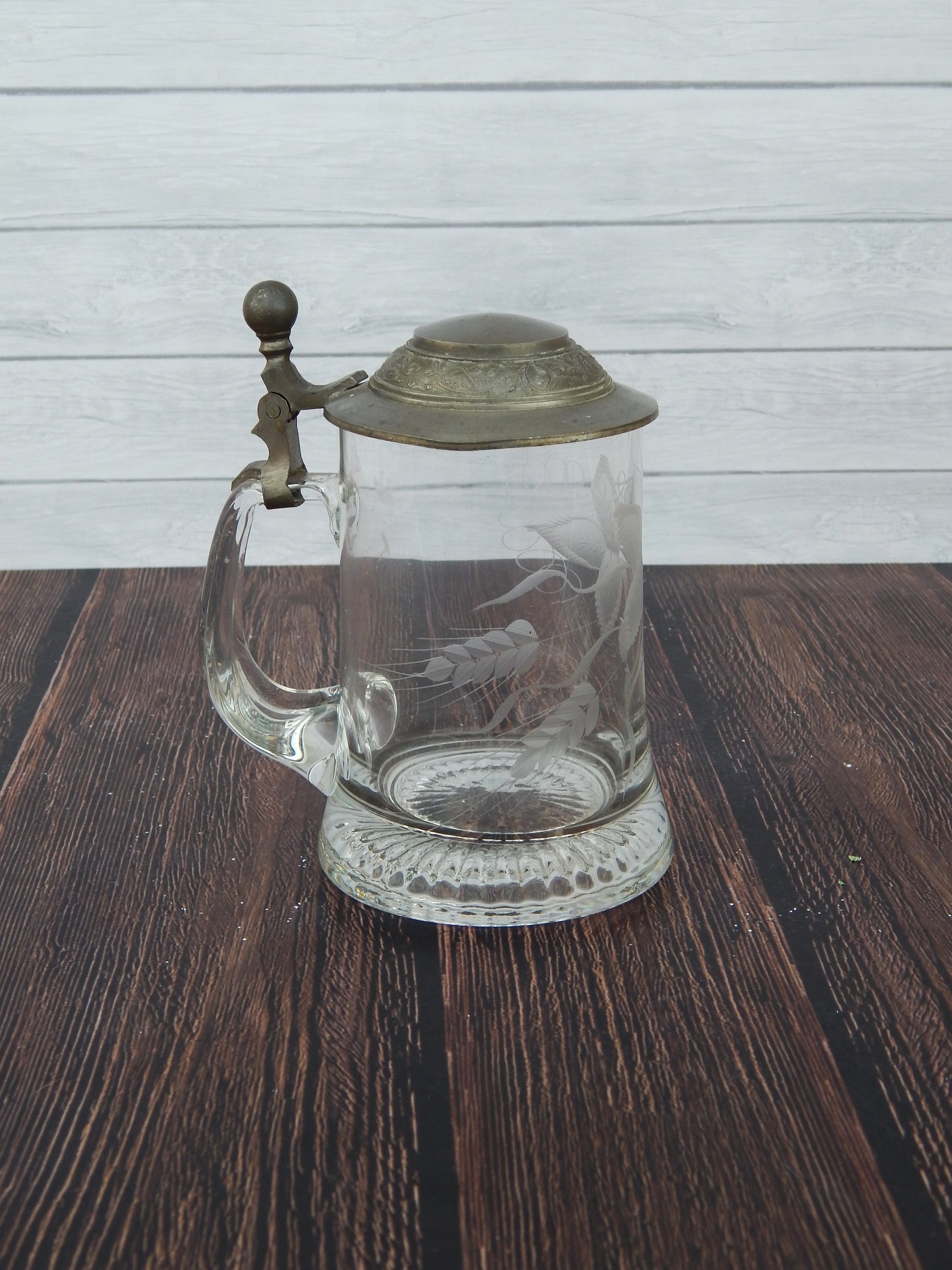 Vintage Glass Beer Stein Pewter Lid German Beer Stein Etched Etsy