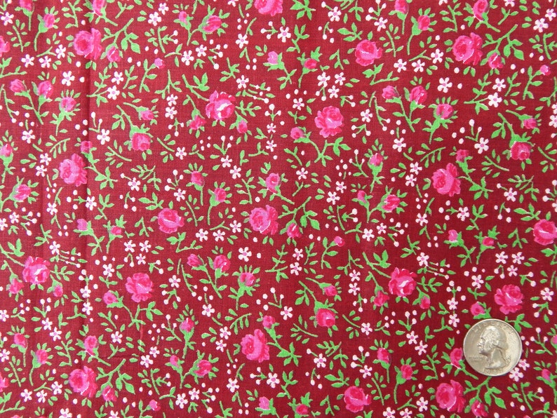 Cotton Chintz Pink Roses Burgundy Fabric 6 Yards Textile From | Etsy