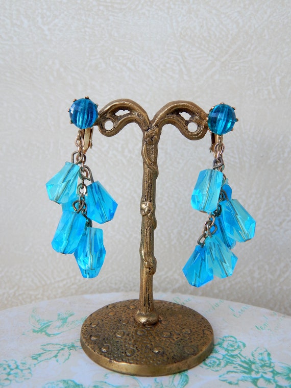 Blue Lucite Earrings Clip-Ons, Long Dangly Earring