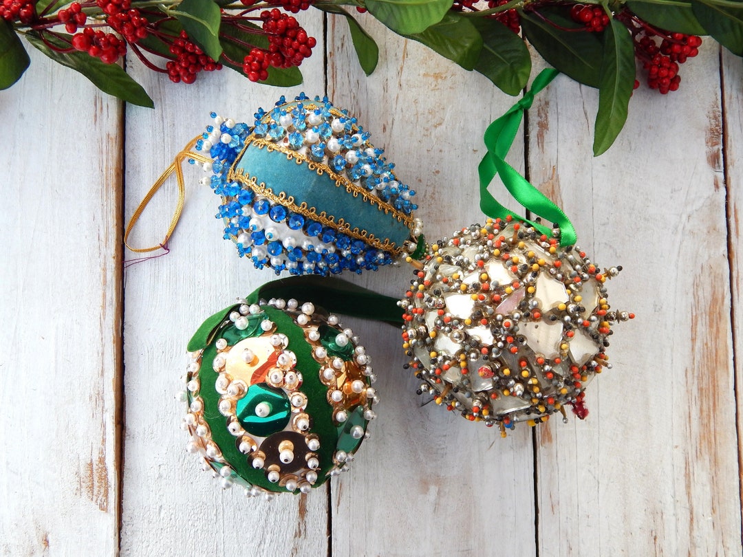 Jeweled Handmade Ornaments Lot of 3, Beaded Ornaments, Large