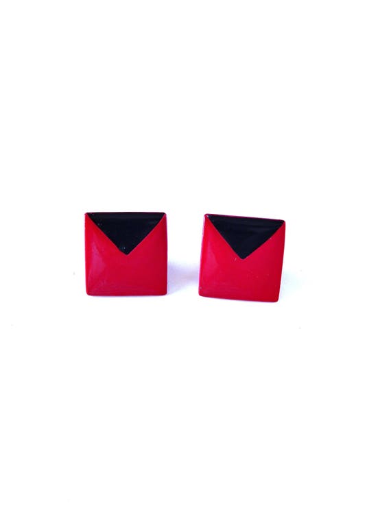 Square Earrings Raspberry Red & Black Enamel, Mage