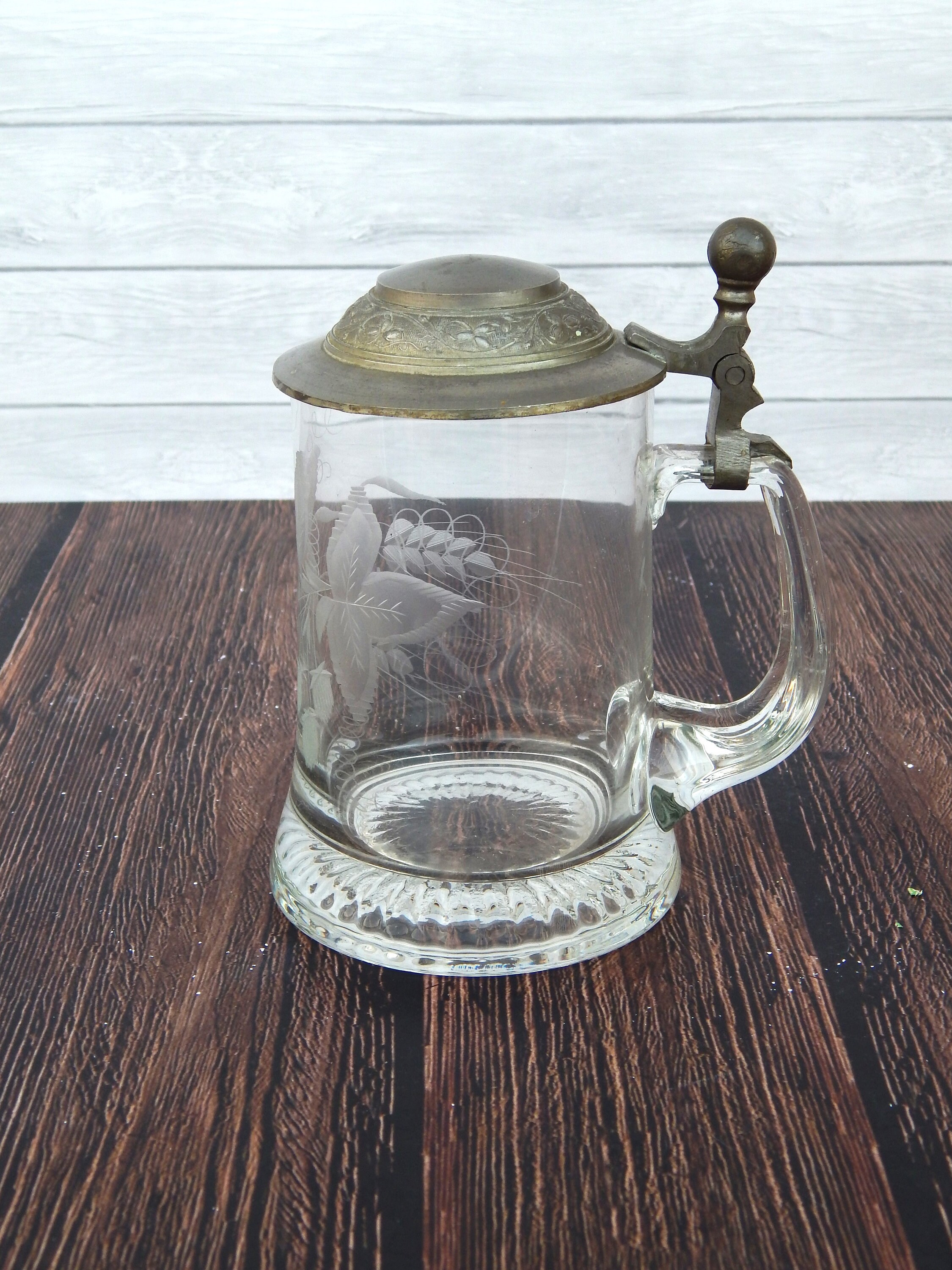 Vintage Glass Beer Stein Pewter Lid German Beer Stein Etched | Etsy
