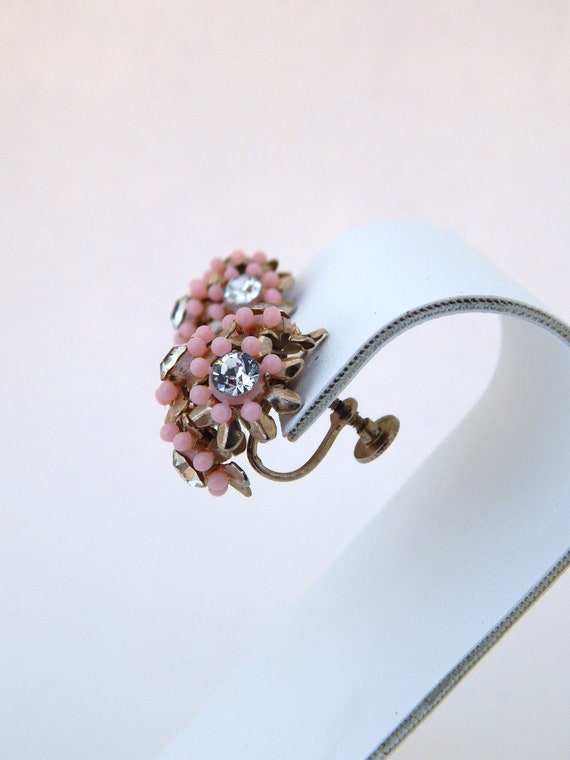 Pink Flower Earrings Screw-Backs Celluloid Rhines… - image 6