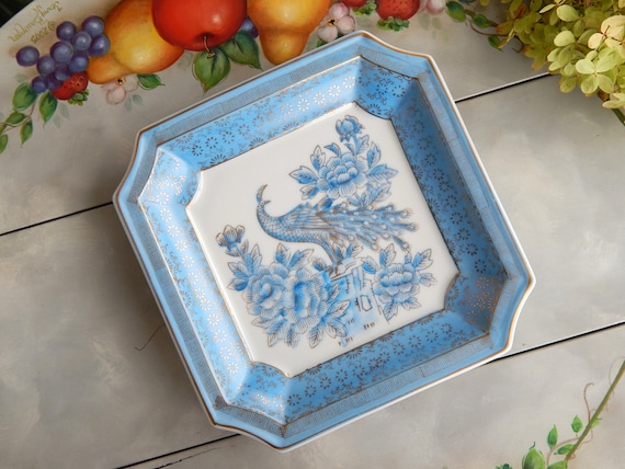 Blue Peacock Plate Andrea By Sadek Square Plate Blue Gold Etsy