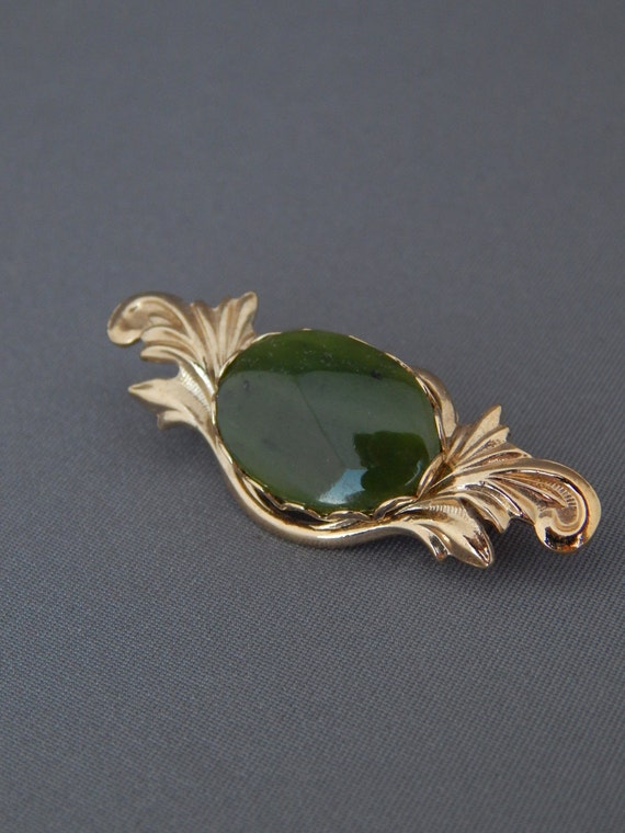 Nephrite Jade Brooch, Gold Tone Green Collar Broo… - image 3