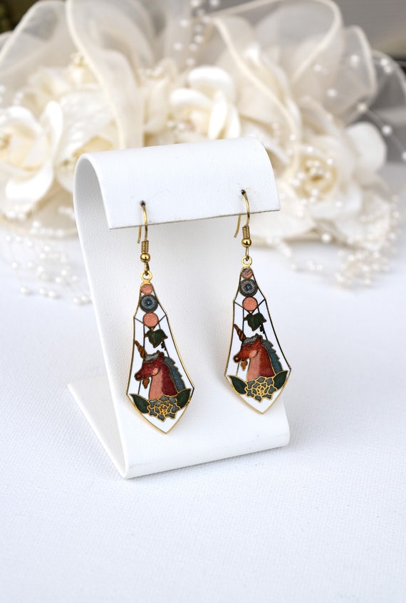 Cloisonne UNICORN Earrings, Cloisonne Enamel Unico