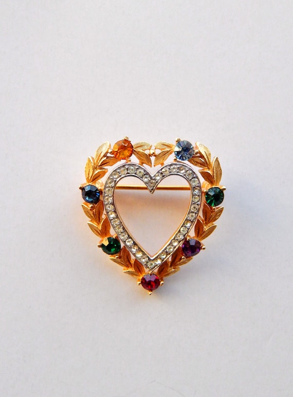 heart heart jewelry aurora borealis rhinestone heart pin Valentine/'s brooch wedding heart Vintage heart brooch Valentine/'s heart pin