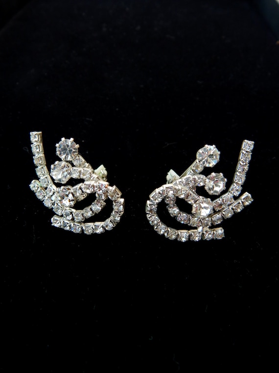 Vintage Rhinestone Earrings Clip-Ons, Crystal Ear… - image 3