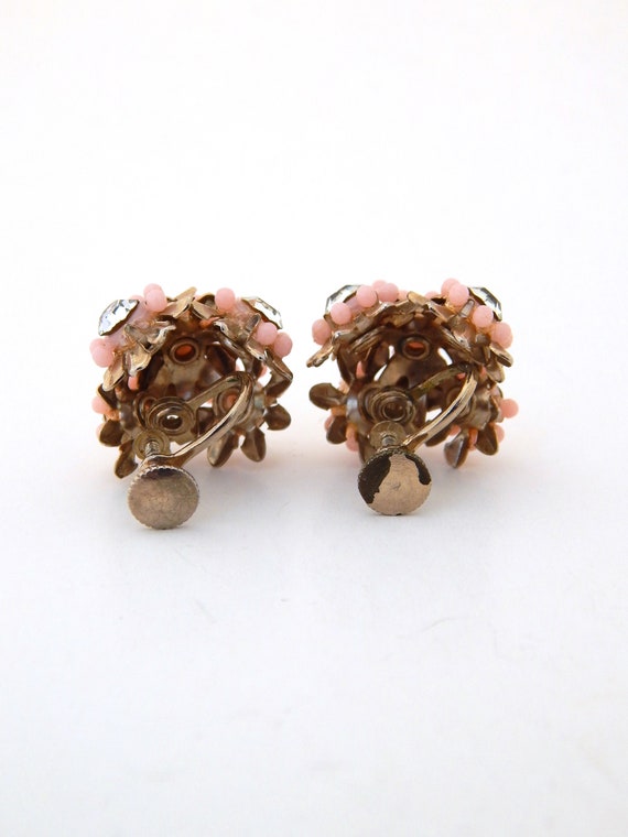 Pink Flower Earrings Screw-Backs Celluloid Rhines… - image 3