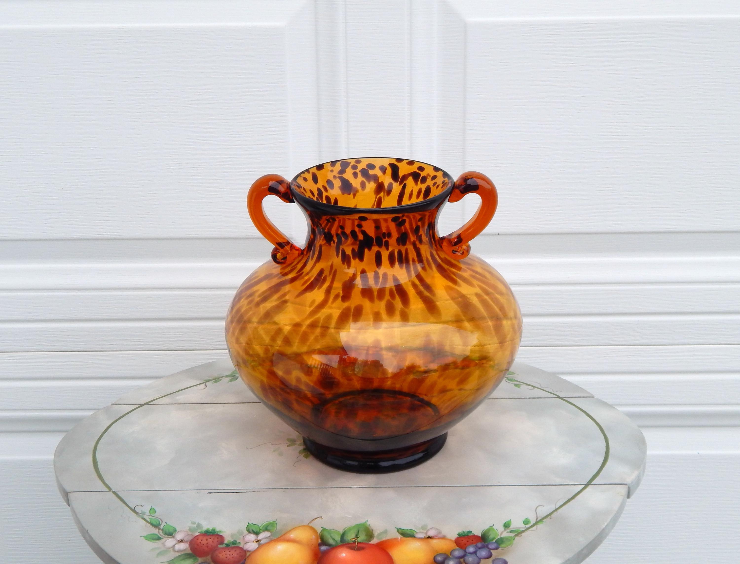 Art Glass Amphora Vase, Hand-Blown Glass Tortoise Spotted Brown Vase with Handles, Vintage Decor