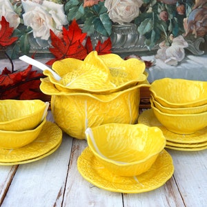 SECLA Portugal Yellow Cabbage Tureen w/ Ladle 6 Plates 6 Bowls, Vintage Collectible Majolica Set, Cabbage Plates Soup Bowls, Easter