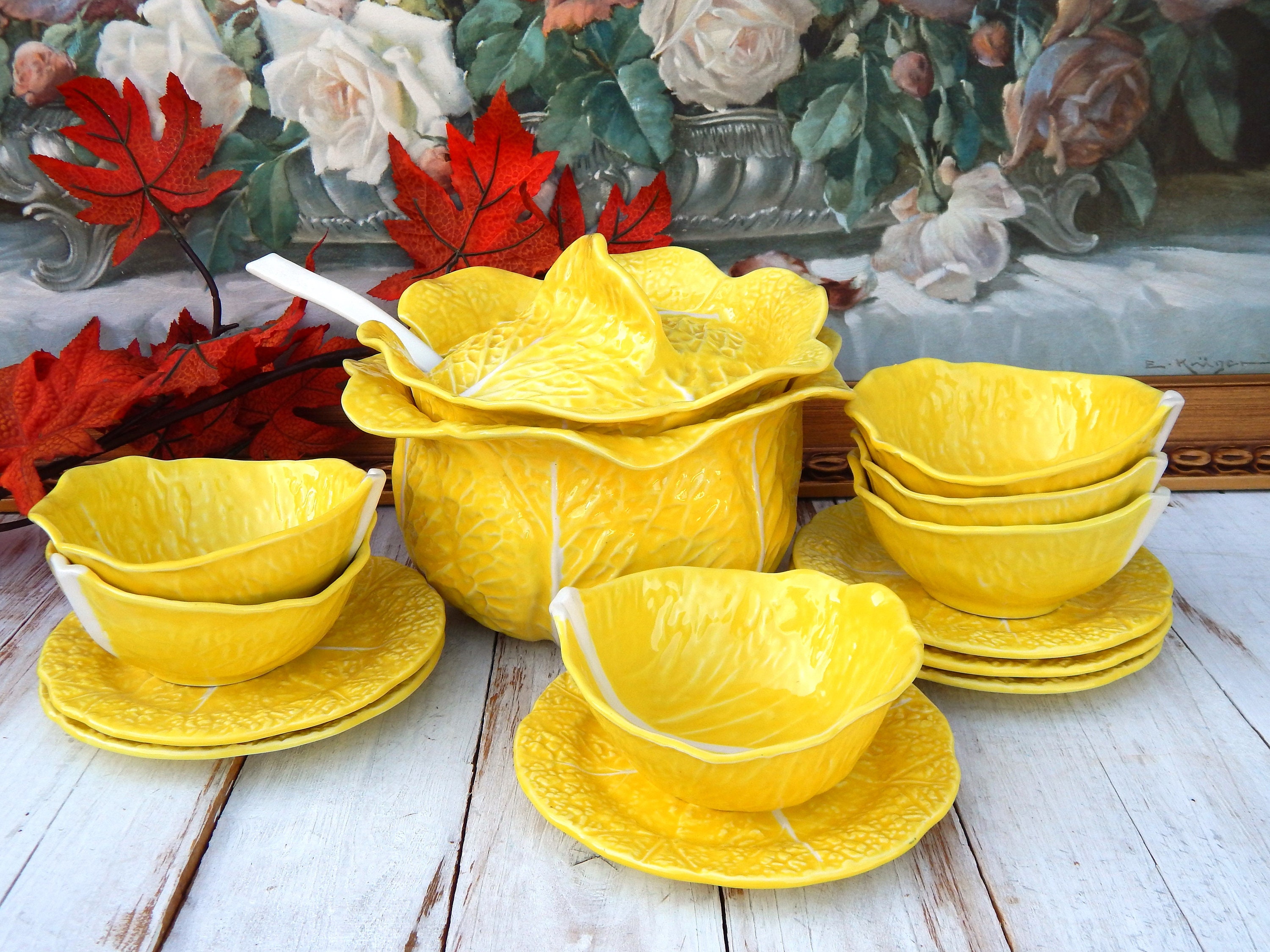 Vintage Yellow Cabbage Tureen W/ Ladle 6 Plates 6 Bowls SECLA