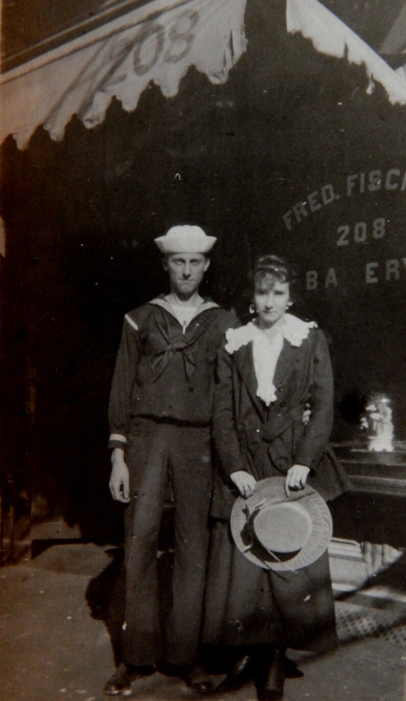 Vintage Photo 1910/'s Sailor and Sweetheart Fischer Bakery Vernacular Vintage Photo Edwardian Photo Sailor and Lady