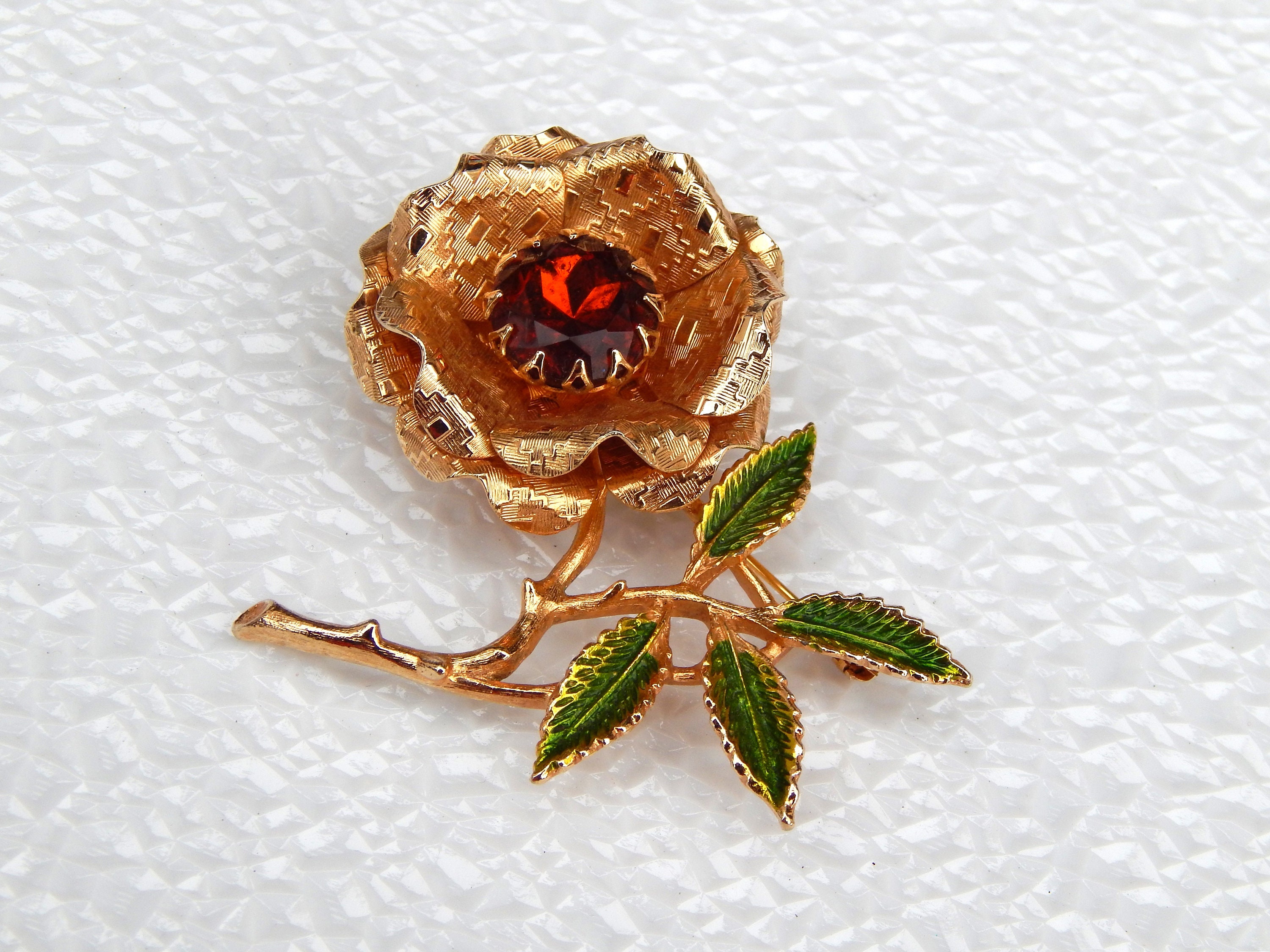 Rhinestone Enamel Flower Pin Signed Sarah Coventry Ember