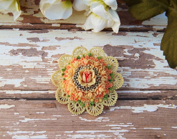 Antique Molded Celluloid Flower Pin, Early Plastic