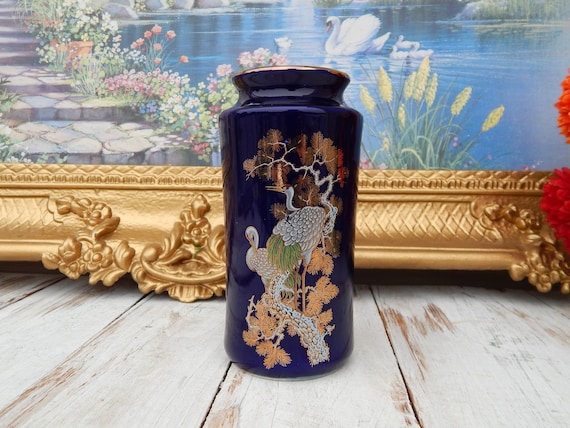 Vintage Japanese Vase Cobalt Blue and Gold Crane Birds - Etsy