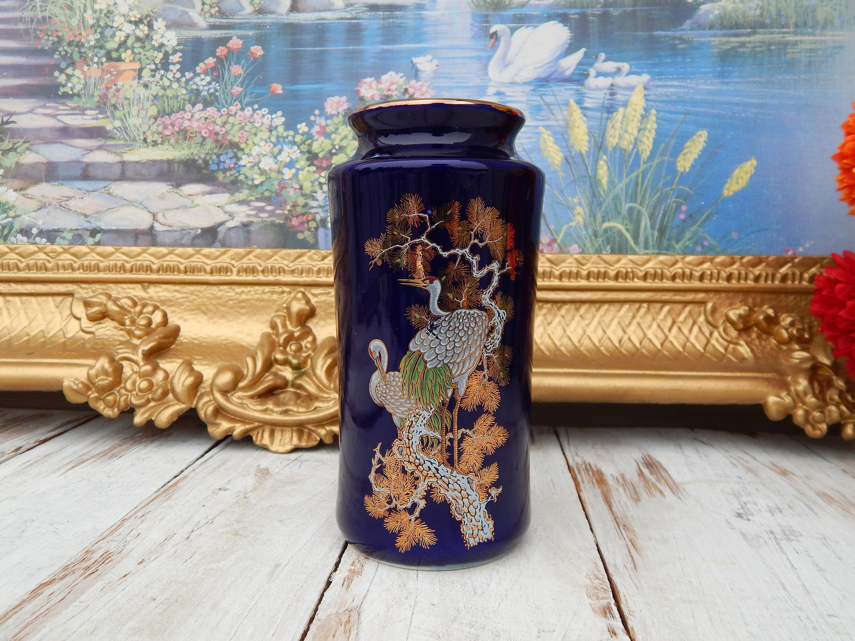 Vintage Japanese Vase Cobalt Blue and Gold Crane Birds - Etsy