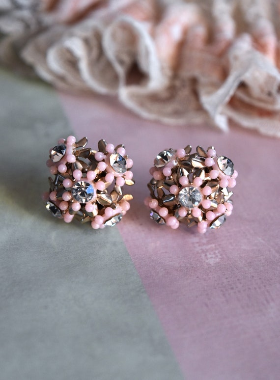 Pink Flower Earrings Screw-Backs Celluloid Rhines… - image 8