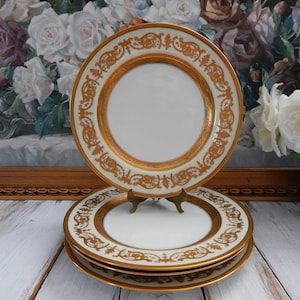 Antique HAVILAND LIMOGES France Dinner Plates Set of 4, Gold Gilded Dinner Plates Raised Relief Limoges France RARE!, Thanksgiving
