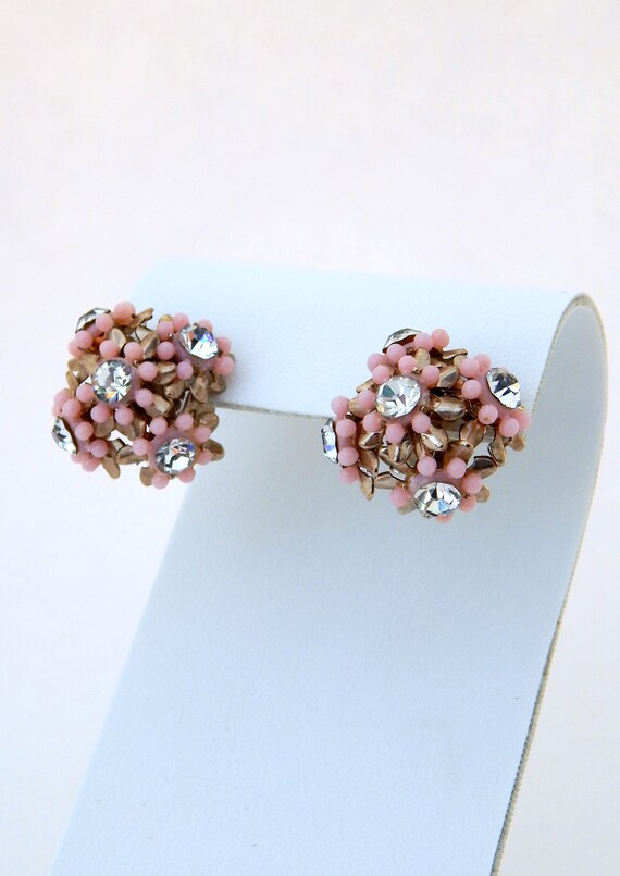Pink Flower Earrings Screw-Backs Celluloid Rhines… - image 5