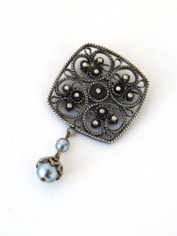 Filigree Pin Cannetille Art Deco, Square Silver F… - image 3