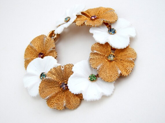 Vintage Flower Link Rhinestone Bracelet White Gold Molded - Etsy