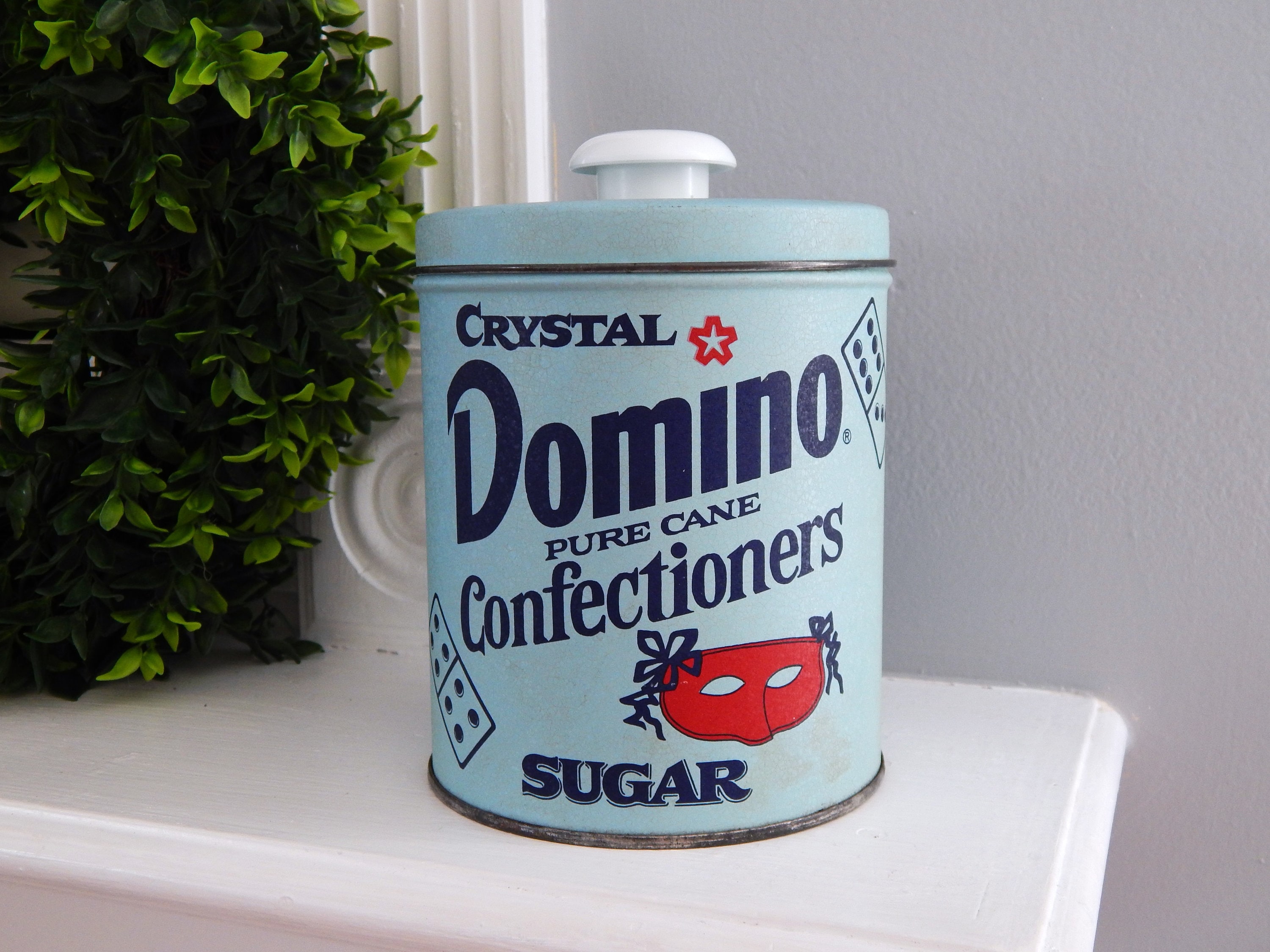Domino ドミノ SUGAR シュガー缶　ビンテージ ブリキ缶　キャンプギア Domino Sugar Tin Canister, Vintage Tin, Round Blue Tin Container