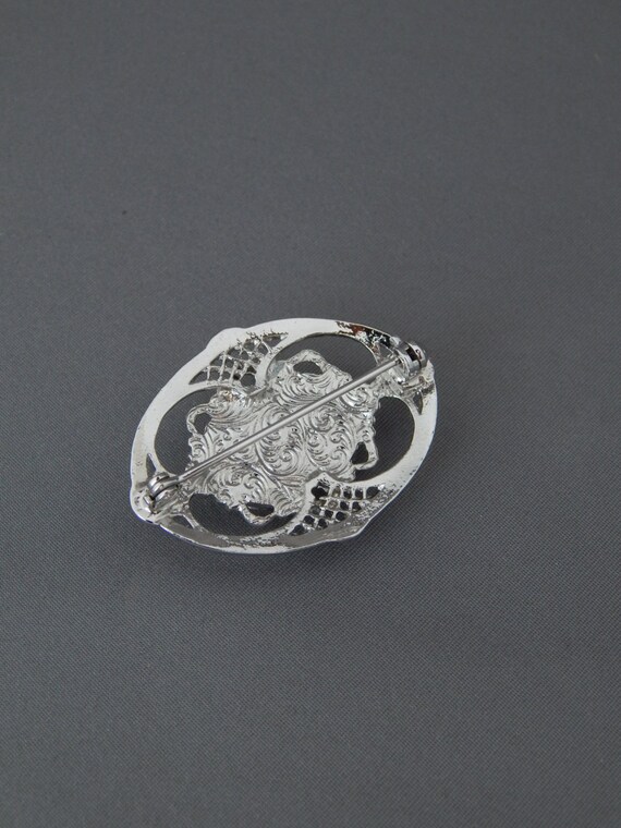 Pearl Collar Pin, Oval Filigree Brooch Silver Ton… - image 4