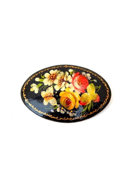 Vintage Black Lacquer Russian Brooch FEDOSKINO, Bl