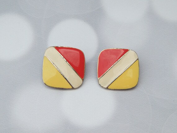 Square Enamel Earrings Clip-Ons, Yellow Red White… - image 2
