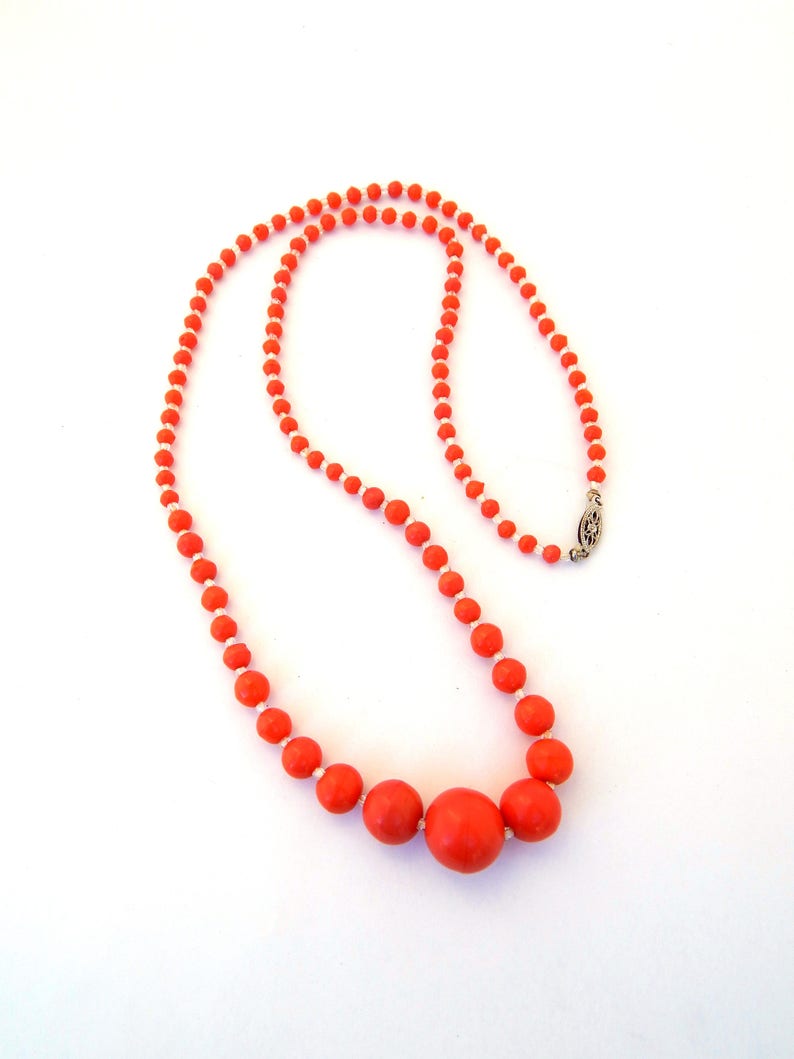 Vintage Coral Red Celluloid Necklace 10K Filigree Clasp Early Plastic Necklace Faux Coral Celluloid Necklace Graduated Beads Single Strand