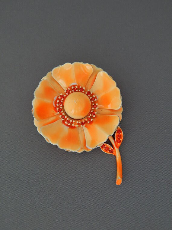 Orange Enamel Flower Pin, Rhinestone Enamel Flowe… - image 2