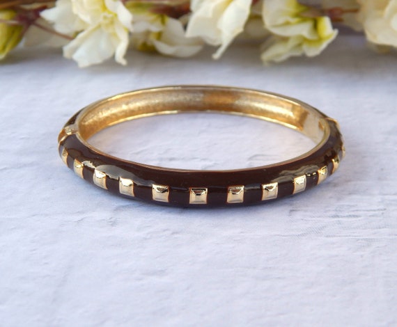 Brown Bracelet Thin Cuff, Brown Enamel Gold Tone … - image 1