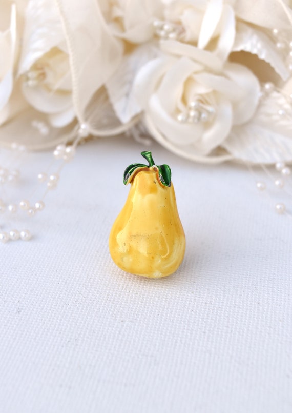 Yellow Pear Pin, Yellow Enamel Pear Brooch, Fruit 